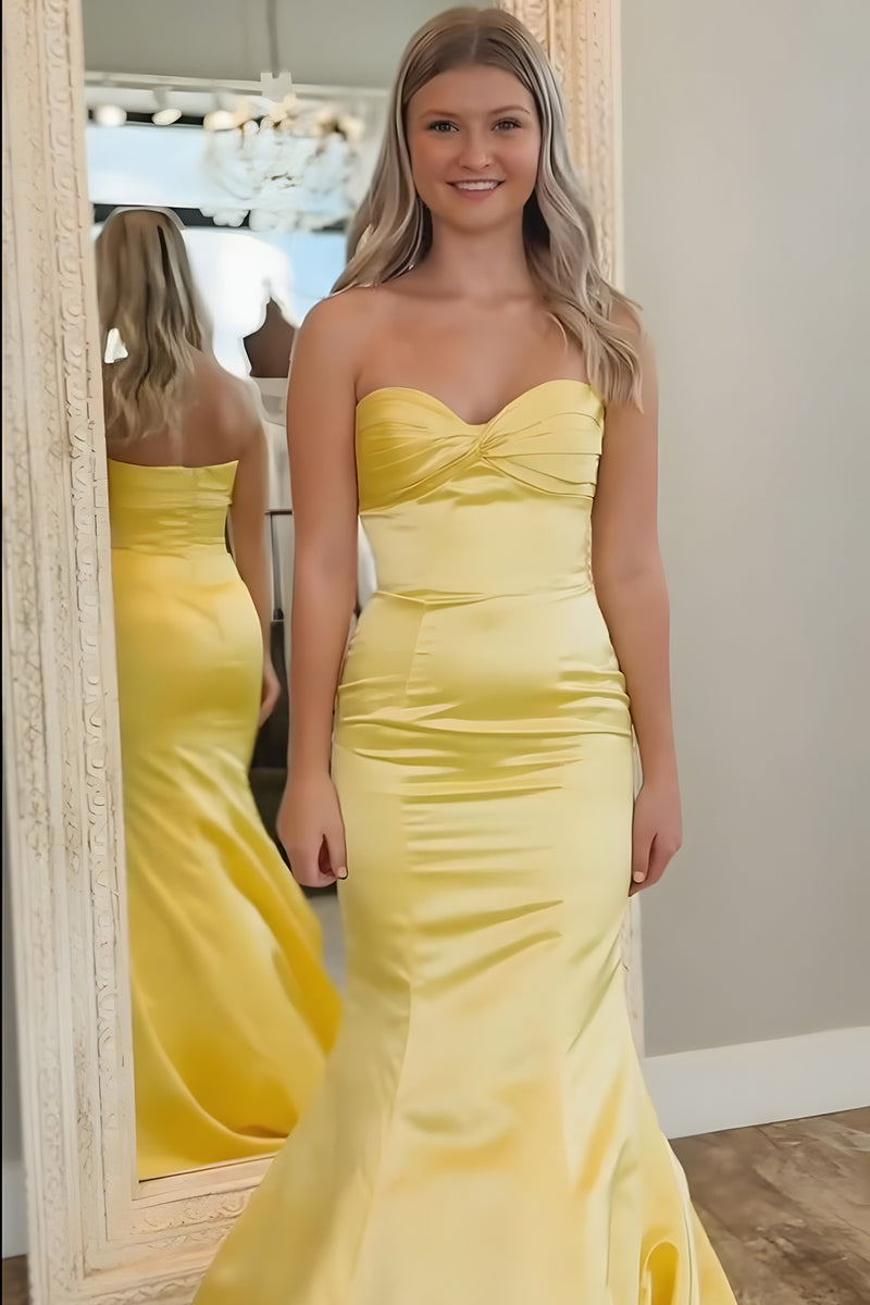 Load image into Gallery viewer, Yellow Mermaid Satin Sweetheart Long Prom Dress