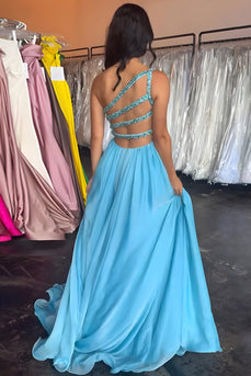 Blue A Line One Shoulder Beaded Long Prom Dress with Slit