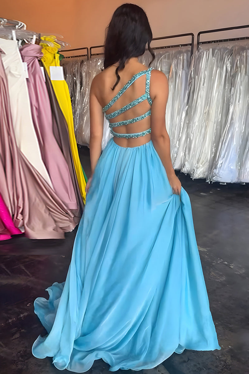 Load image into Gallery viewer, Blue A Line One Shoulder Beaded Long Prom Dress with Slit