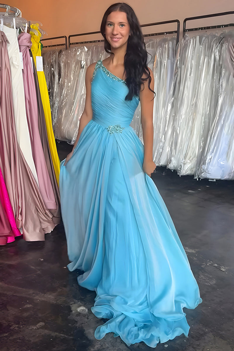 Load image into Gallery viewer, Blue A Line One Shoulder Beaded Long Prom Dress with Slit