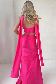 2 Piece Fuchsia Neck Scarf Mermaid Long Corset Prom Dress with Slit