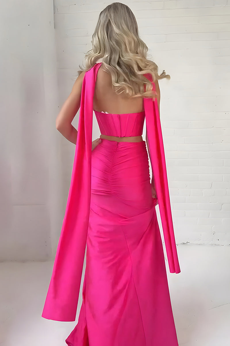 Load image into Gallery viewer, 2 Piece Fuchsia Neck Scarf Mermaid Long Corset Prom Dress with Slit