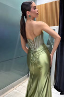 Load image into Gallery viewer, Sage Green Satin Beaded Mermaid Long Corset Prom Dress with Slit