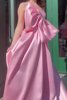 Load image into Gallery viewer, Pink A Line Satin One Shoulder Long Prom Dress with Bow