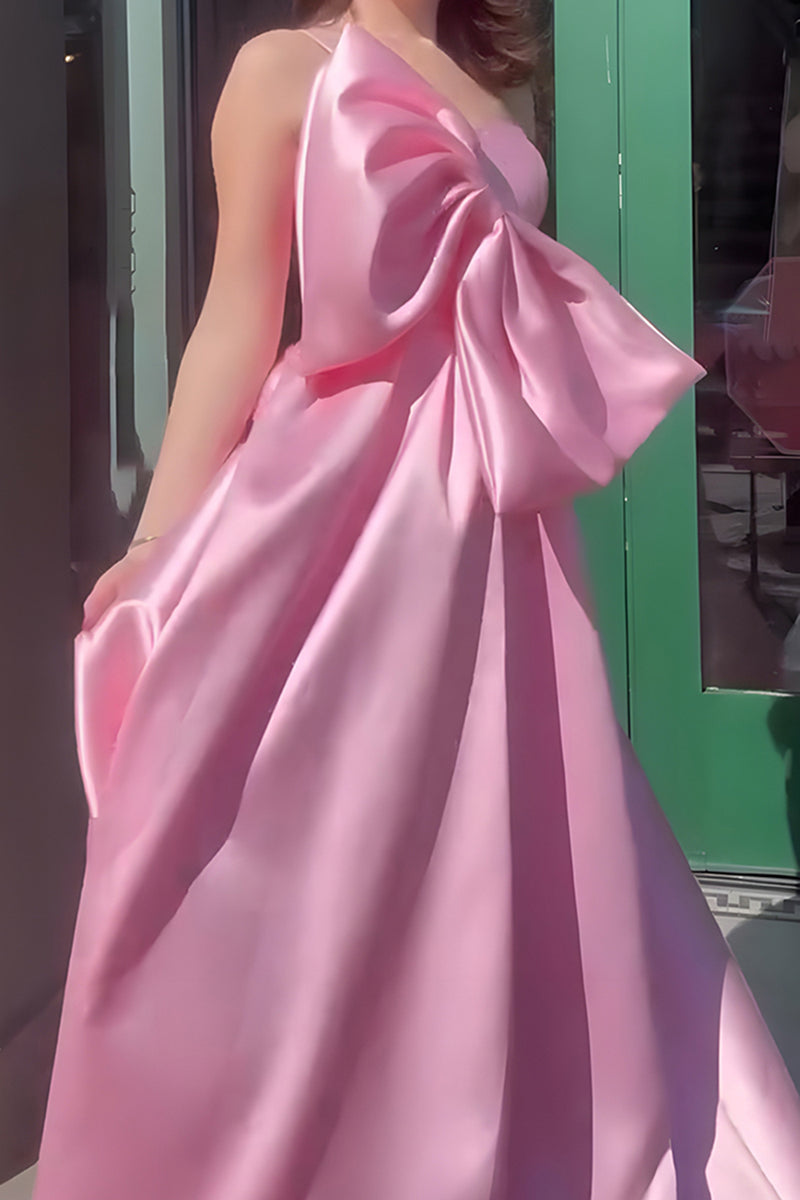Load image into Gallery viewer, Pink A Line Satin One Shoulder Long Prom Dress with Bow