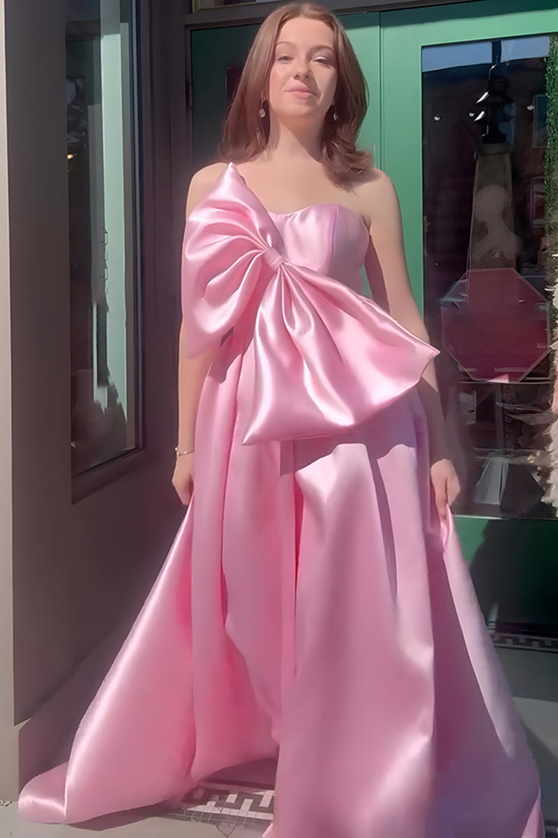 Load image into Gallery viewer, Pink A Line Satin One Shoulder Long Prom Dress with Bow