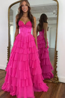Load image into Gallery viewer, Fuchsia Tiered A Line Strapless Long Corset Prom Dress with Slit