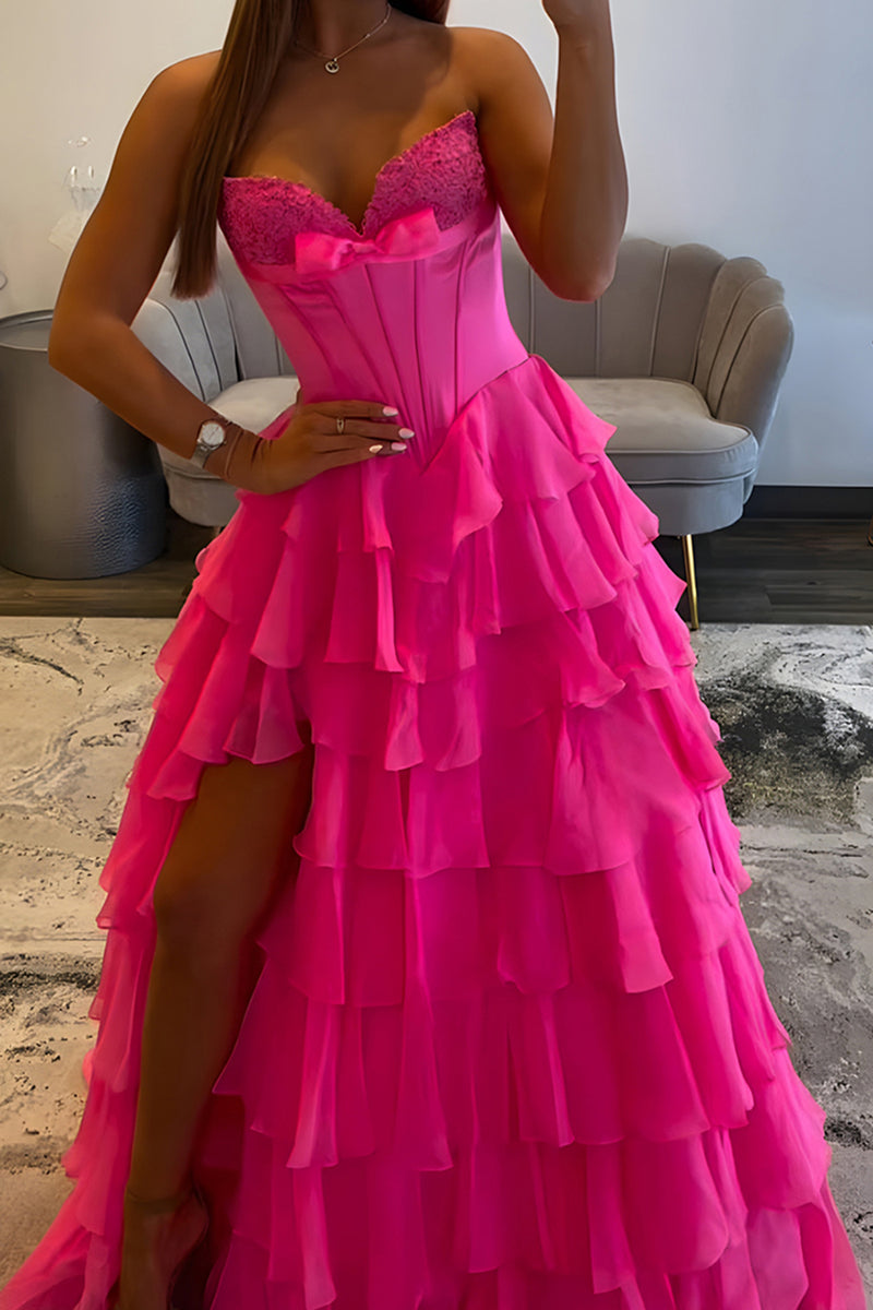 Load image into Gallery viewer, Fuchsia Tiered A Line Strapless Long Corset Prom Dress with Slit