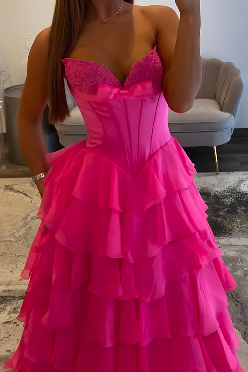 Load image into Gallery viewer, Fuchsia Tiered A Line Strapless Long Corset Prom Dress with Slit