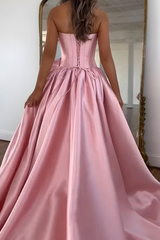 Blush Satin A Line Strapless Long Corset Prom Dress with 3D Flower