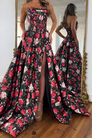 Load image into Gallery viewer, Black and Red A Line Floral Satin Strapless Long Corset Prom Dress with Slit