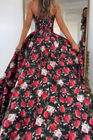 Load image into Gallery viewer, Black and Red A Line Floral Satin Strapless Long Corset Prom Dress with Slit