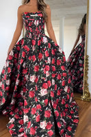 Load image into Gallery viewer, Black and Red A Line Floral Satin Strapless Long Corset Prom Dress with Slit