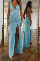 Load image into Gallery viewer, Blue V-Neck Pearls Sheath Long Prom Dress with Slit