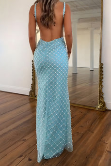 Blue V-Neck Pearls Sheath Long Prom Dress with Slit