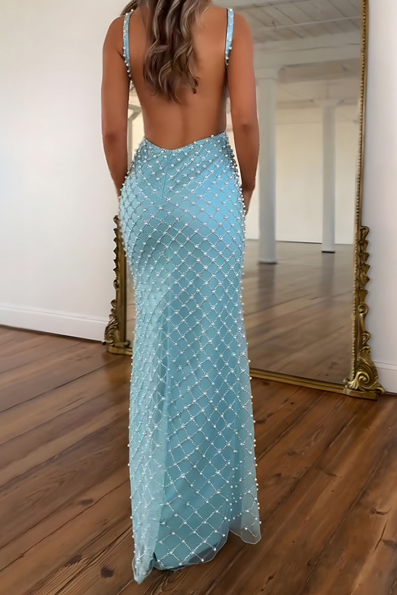 Load image into Gallery viewer, Blue V-Neck Pearls Sheath Long Prom Dress with Slit