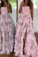 Load image into Gallery viewer, Pink A Line Floral Tiered Spaghetti Straps Long Prom Dress with Slit