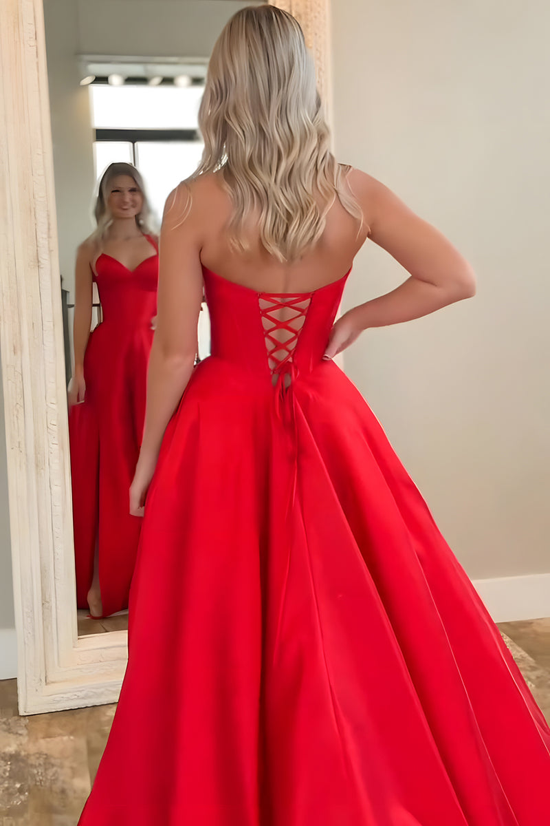 Load image into Gallery viewer, Red A Line Satin Halter Long Corset Prom Dress with Slit