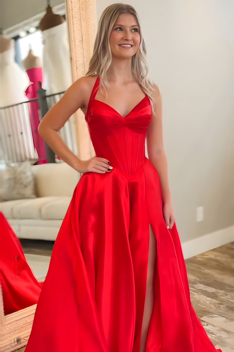 Load image into Gallery viewer, Red A Line Satin Halter Long Corset Prom Dress with Slit