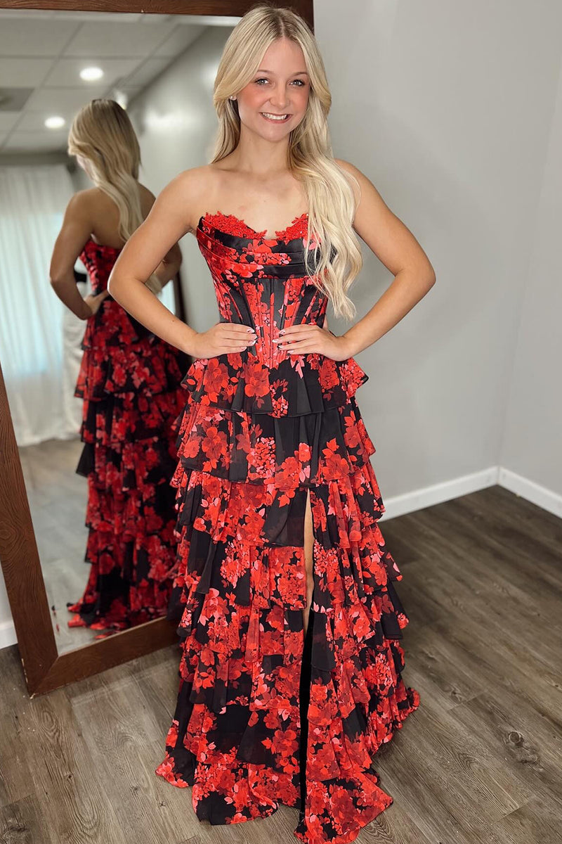 Load image into Gallery viewer, Black Red Floral A Line Tiered Strapless Long Corset Prom Dress with Slit