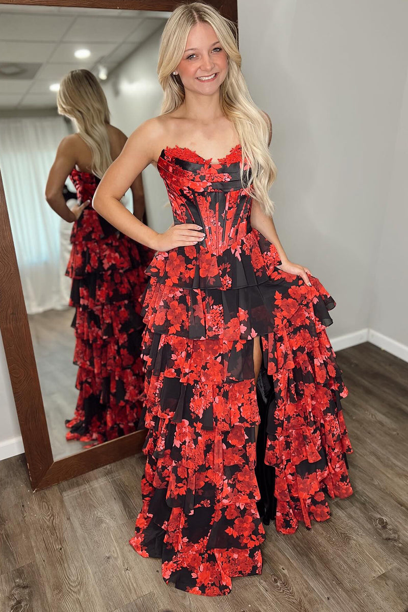 Load image into Gallery viewer, Black Red Floral A Line Tiered Strapless Long Corset Prom Dress with Slit