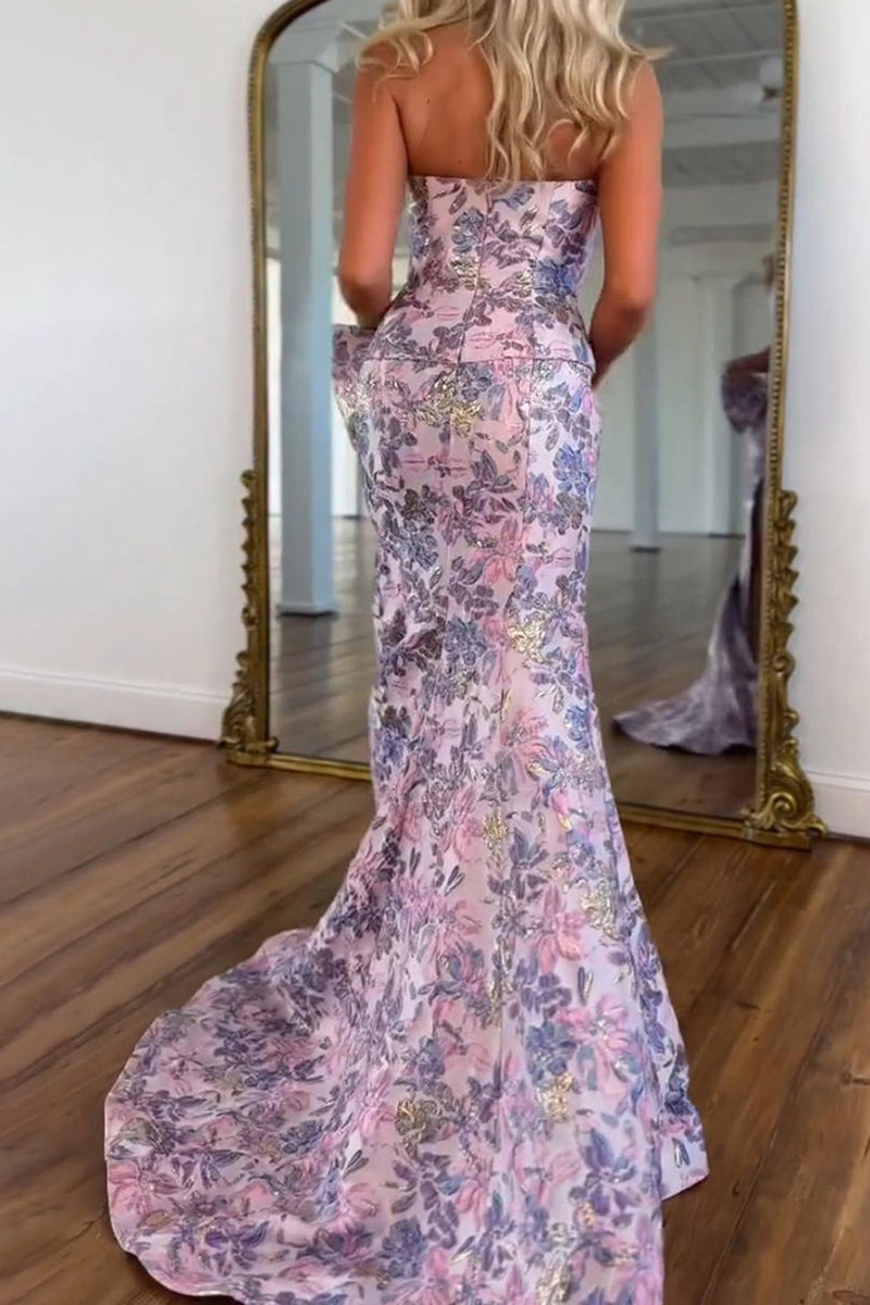 Load image into Gallery viewer, Purple Floral Mermaid Strapless Long Prom Dress with Bow