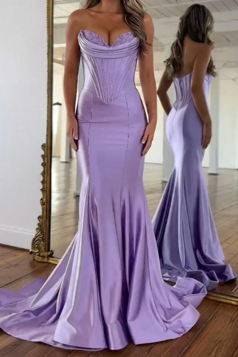 Load image into Gallery viewer, Purple Satin Mermaid Strapless Long Corset Prom Dress