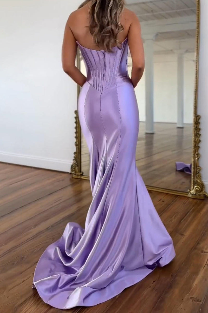 Load image into Gallery viewer, Purple Satin Mermaid Strapless Long Corset Prom Dress