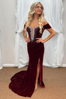 Load image into Gallery viewer, Sparkly Burgundy Mermaid Velvet Long Holiday Party Dress with Slit