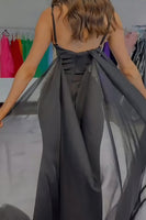 Load image into Gallery viewer, Sparkly Black Mermaid Spaghetti Straps Satin Long Prom Dress with Slit