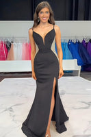 Load image into Gallery viewer, Sparkly Black Mermaid Spaghetti Straps Satin Long Prom Dress with Slit