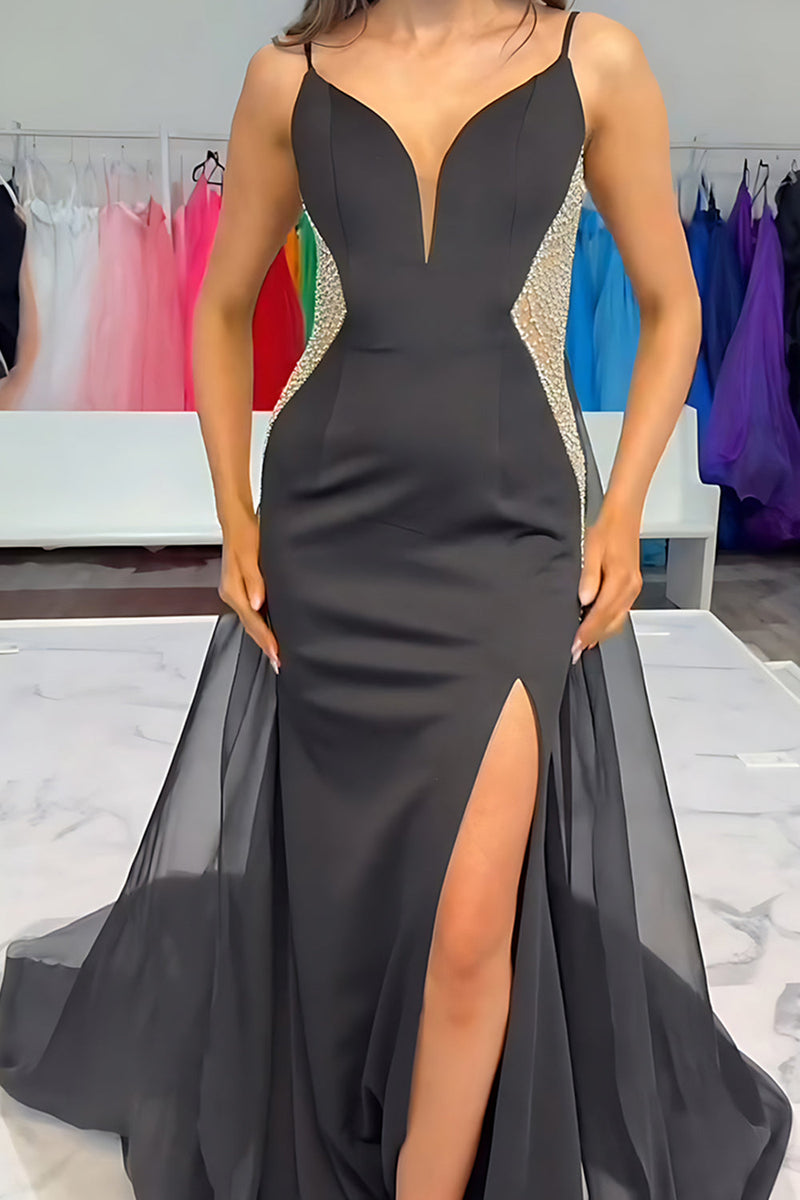Load image into Gallery viewer, Sparkly Black Mermaid Spaghetti Straps Satin Long Prom Dress with Slit