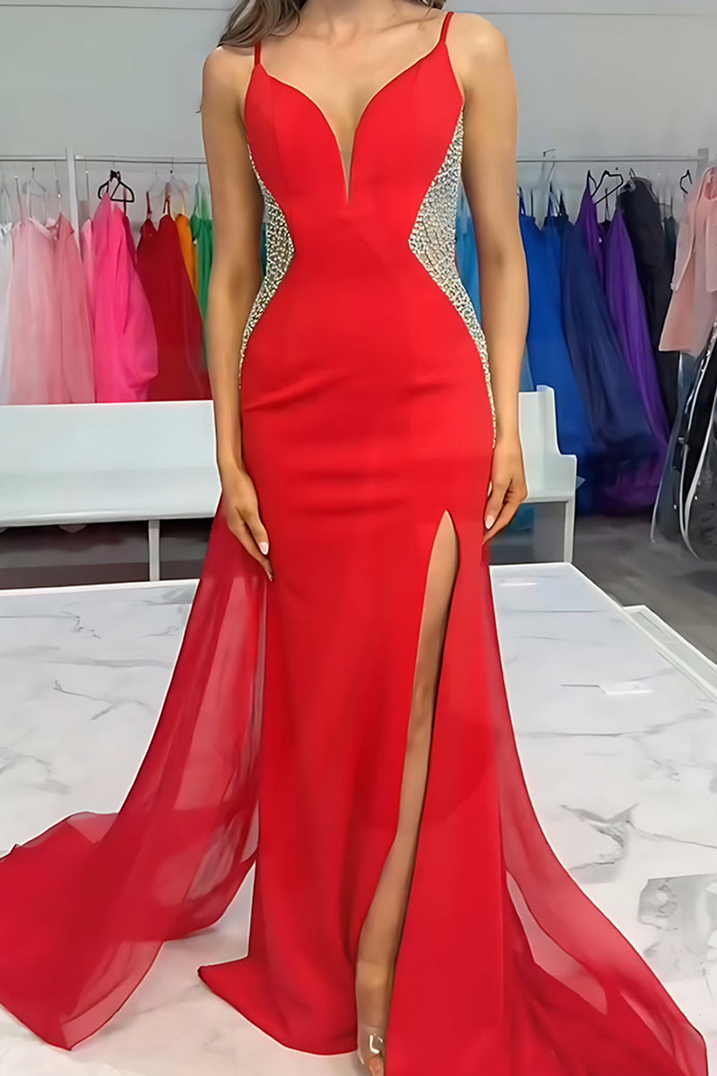 Load image into Gallery viewer, Sparkly Black Mermaid Spaghetti Straps Satin Long Prom Dress with Slit