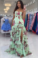 Load image into Gallery viewer, Floral Green Strapless Mermaid Tiered Long Prom Dress with Slit