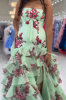 Load image into Gallery viewer, Floral Green Strapless Mermaid Tiered Long Prom Dress with Slit