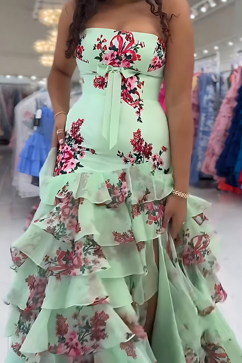 Load image into Gallery viewer, Floral Green Strapless Mermaid Tiered Long Prom Dress with Slit
