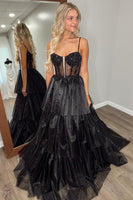 Load image into Gallery viewer, Sparkly Black Spaghetti Straps A Line Long Prom Dress with Ruffles