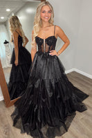 Load image into Gallery viewer, Sparkly Black Spaghetti Straps A Line Long Prom Dress with Ruffles
