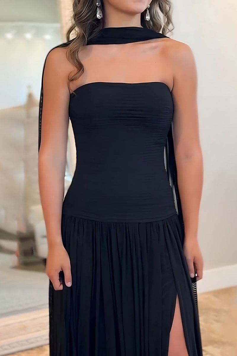 Load image into Gallery viewer, Black Neck Scarf Sheath Strapless Long Prom Dress with Slit