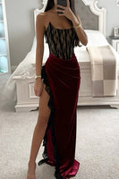 Load image into Gallery viewer, Burgundy Velvet Sheath Ruched Strapless Long Prom Dress with Slit
