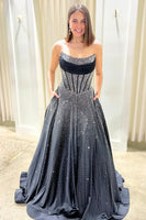 Load image into Gallery viewer, Sparkly Black Strapless A Line Long Corset Prom Dress with Beading