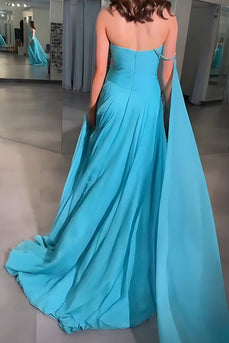Blue Sweetheart Chiffon A Line Long Prom Dress with Side Cape