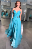 Load image into Gallery viewer, Blue Sweetheart Chiffon A Line Long Prom Dress with Side Cape