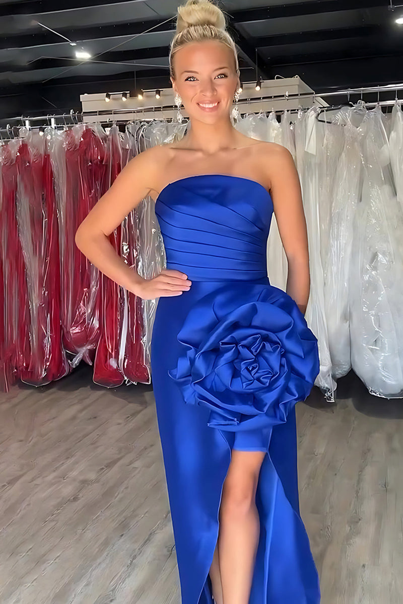 Load image into Gallery viewer, Royal Blue Sheath Strapless Satin Long Prom Dress with 3D Flower