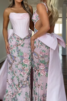 Load image into Gallery viewer, Sparkly Pink Floral Strapless Mermaid Long Corset Prom Dress with Cape