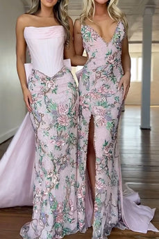 Sparkly Pink Floral Strapless Mermaid Long Corset Prom Dress with Cape
