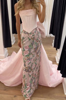 Load image into Gallery viewer, Sparkly Pink Floral Strapless Mermaid Long Corset Prom Dress with Cape