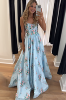 Load image into Gallery viewer, Blue Spaghetti Straps Floral A Line Long Prom Dress with Pearls