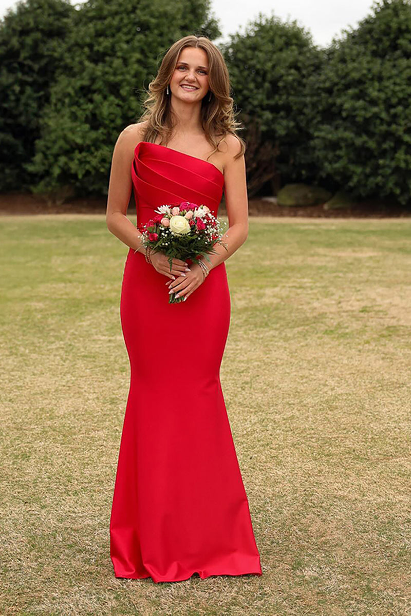 Load image into Gallery viewer, Red Mermaid Satin Strapless Long Prom Dress