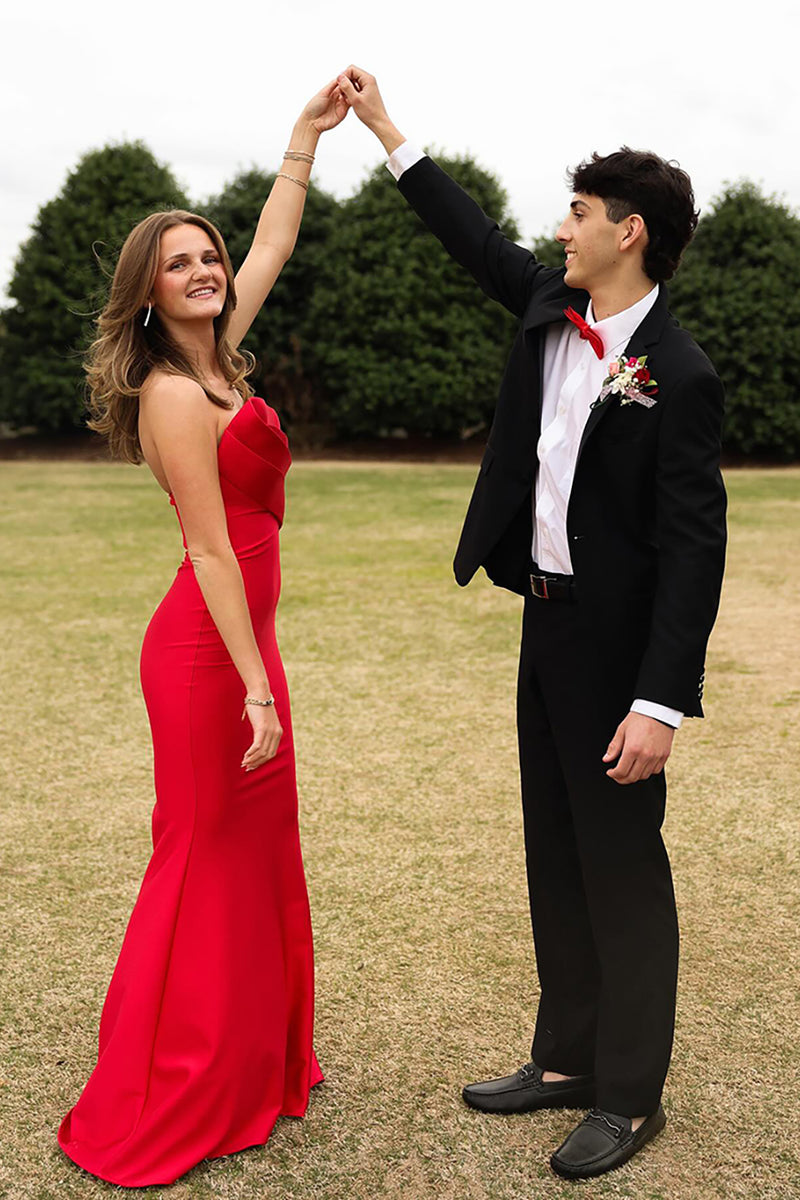 Load image into Gallery viewer, Red Mermaid Satin Strapless Long Prom Dress